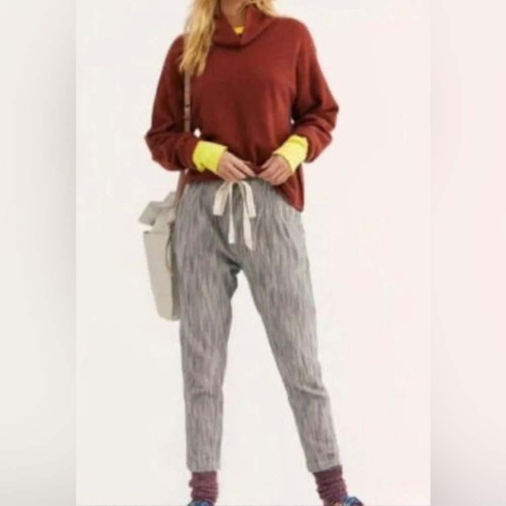 Free People Light At Sunrise Indigo Stripe Blue Cotton Pants Tie Waist Jogger 10